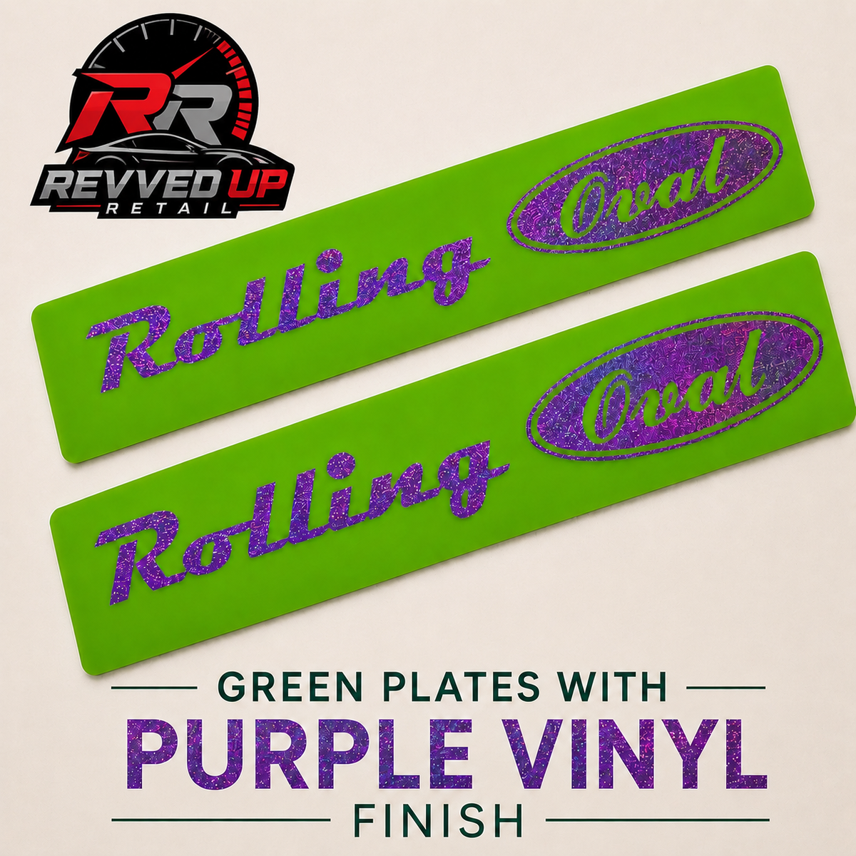 Two bright green rectangular plates with purple vinyl lettering reading 'Rolling Coal' and oval 'Coal' emblems, shown on a light background with Revved Up Retail branding and descriptive text.