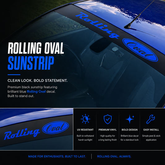 A black sunstrip decal with a bright blue 'Rolling Oval' logo applied to a car window, shown with marketing text and feature icons below.