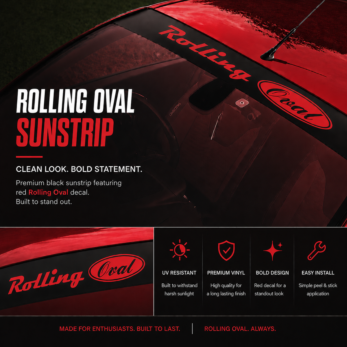 A promotional graphic for a Rolling Oval branded sunstrip decal, showing a close-up of a red car roof with the black vinyl strip applied. The text highlights a clean black look with bold red and white branding.