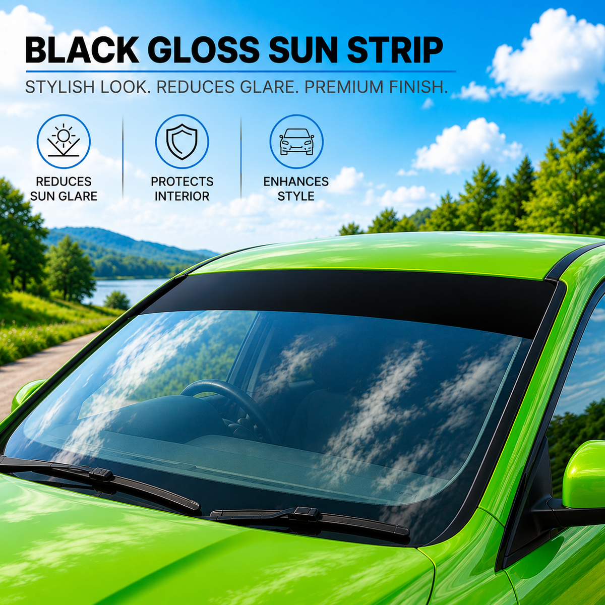 Black gloss sun strip applied to the windshield of a bright green car, with a scenic outdoor background and marketing text highlighting glare reduction, interior protection, and style enhancement.