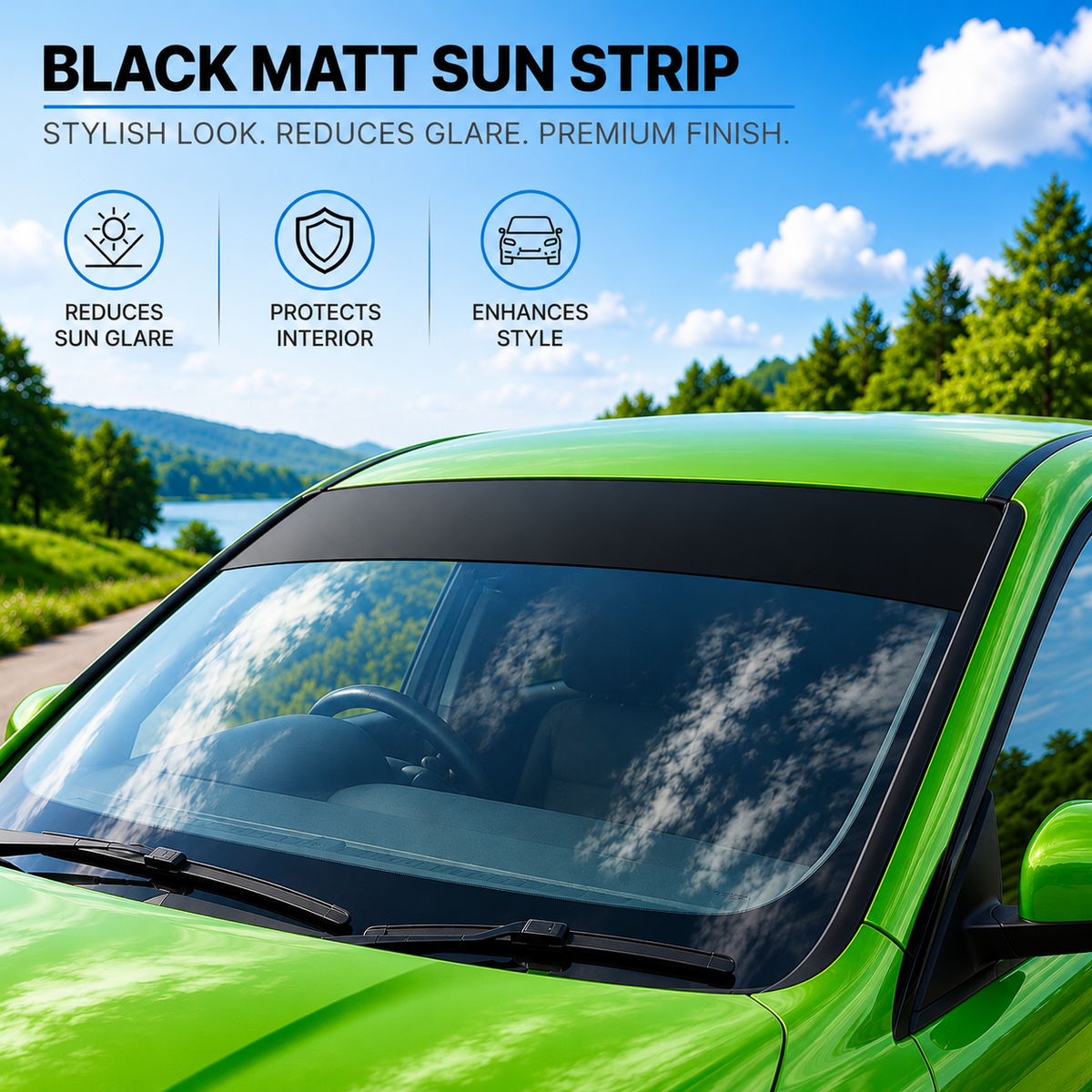 A bright green car windshield with a black matte sun strip decal across the upper windshield, shown outdoors with trees, water, and sky. Text at the top reads 'BLACK MATT SUN STRIP' with feature icons for reducing sun glare, protecting interior, and enhancing style.