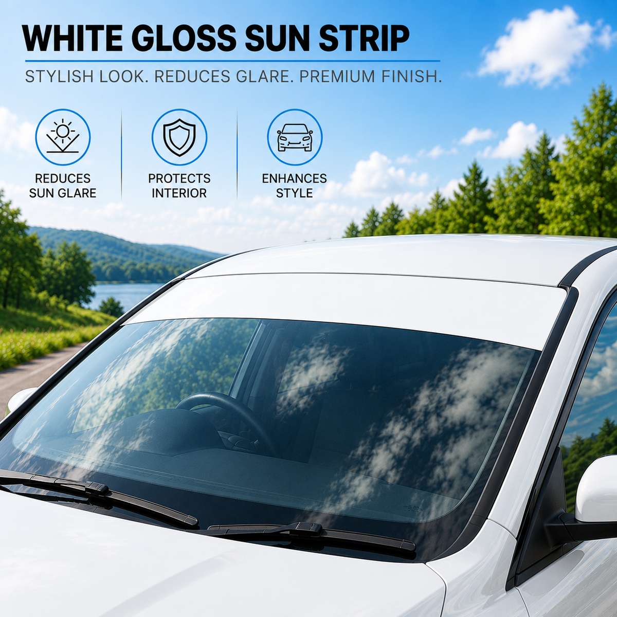 White car windshield with a white gloss sun strip applied across the upper portion, shown outdoors with trees, water, and sky. Text at the top reads 'WHITE GLOSS SUN STRIP' with feature callouts: reduces sun glare, protects interior, and enhances style.