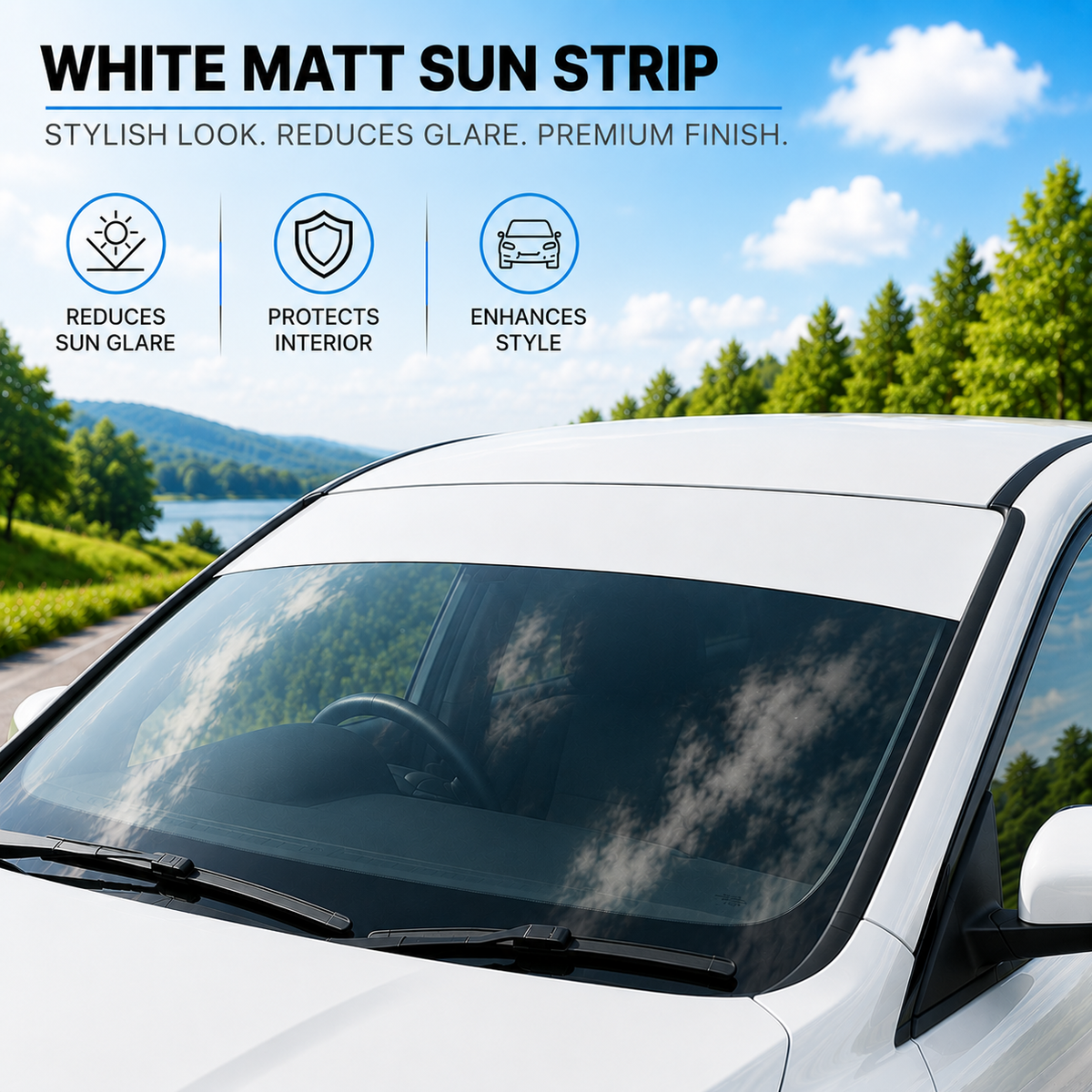 White car windshield with a white matte sun strip applied across the upper windshield, shown outdoors with a scenic background of trees, water, and sky. Text at the top reads 'WHITE MATT SUN STRIP' with feature icons for reducing sun glare, protecting interior, and enhancing style.