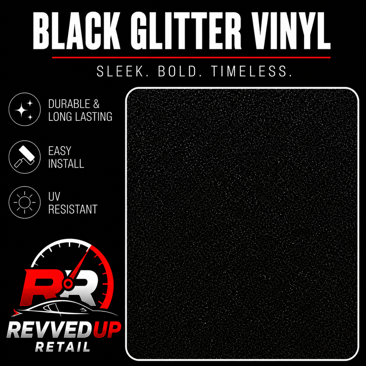 Promotional graphic for black glitter vinyl, showing a large textured black square on a black background with product text and Revved Up Retail branding.
