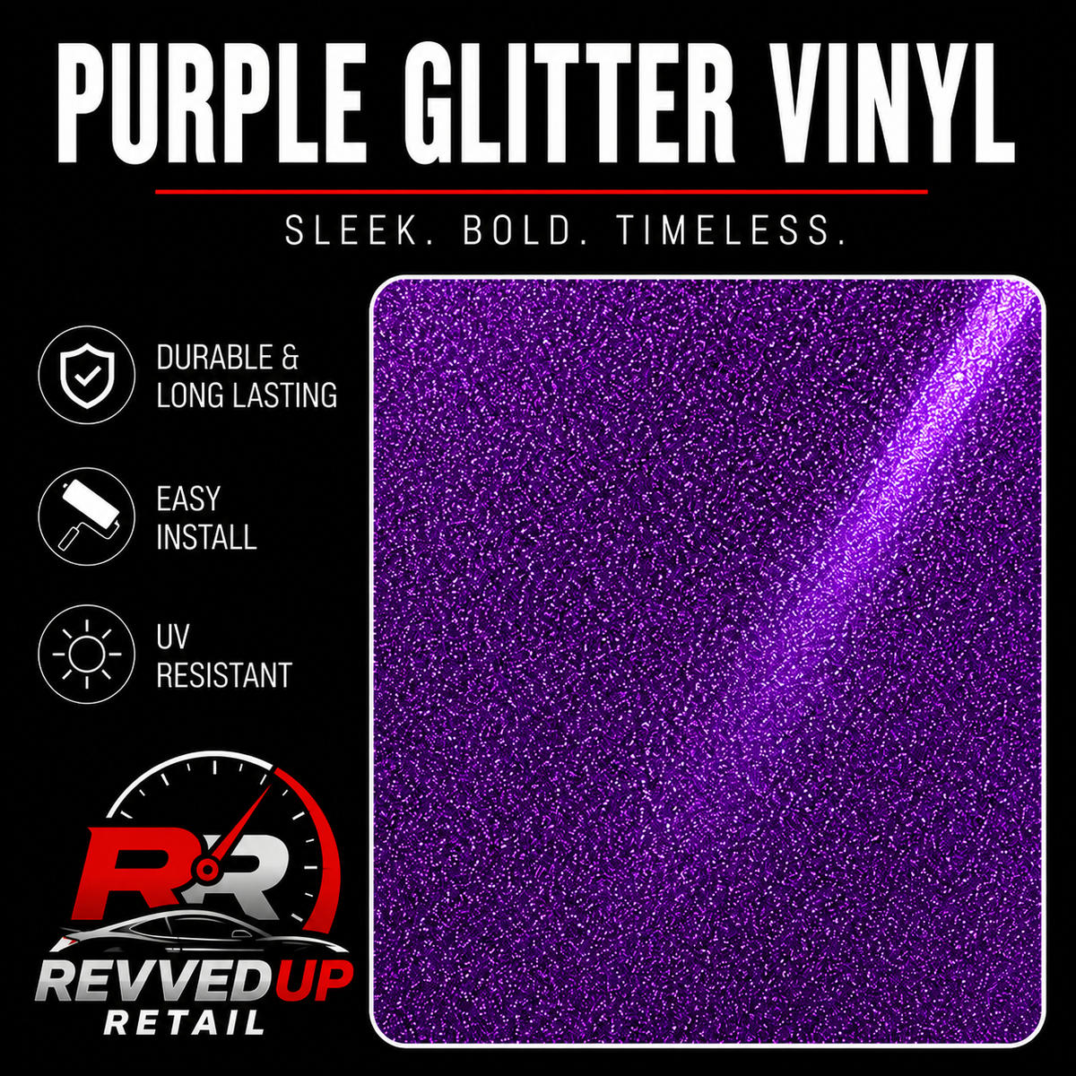 Purple glitter vinyl material swatch shown on a black background with marketing text and Revved Up Retail branding. The swatch is a square sample of sparkling purple material with a diagonal bright purple highlight.