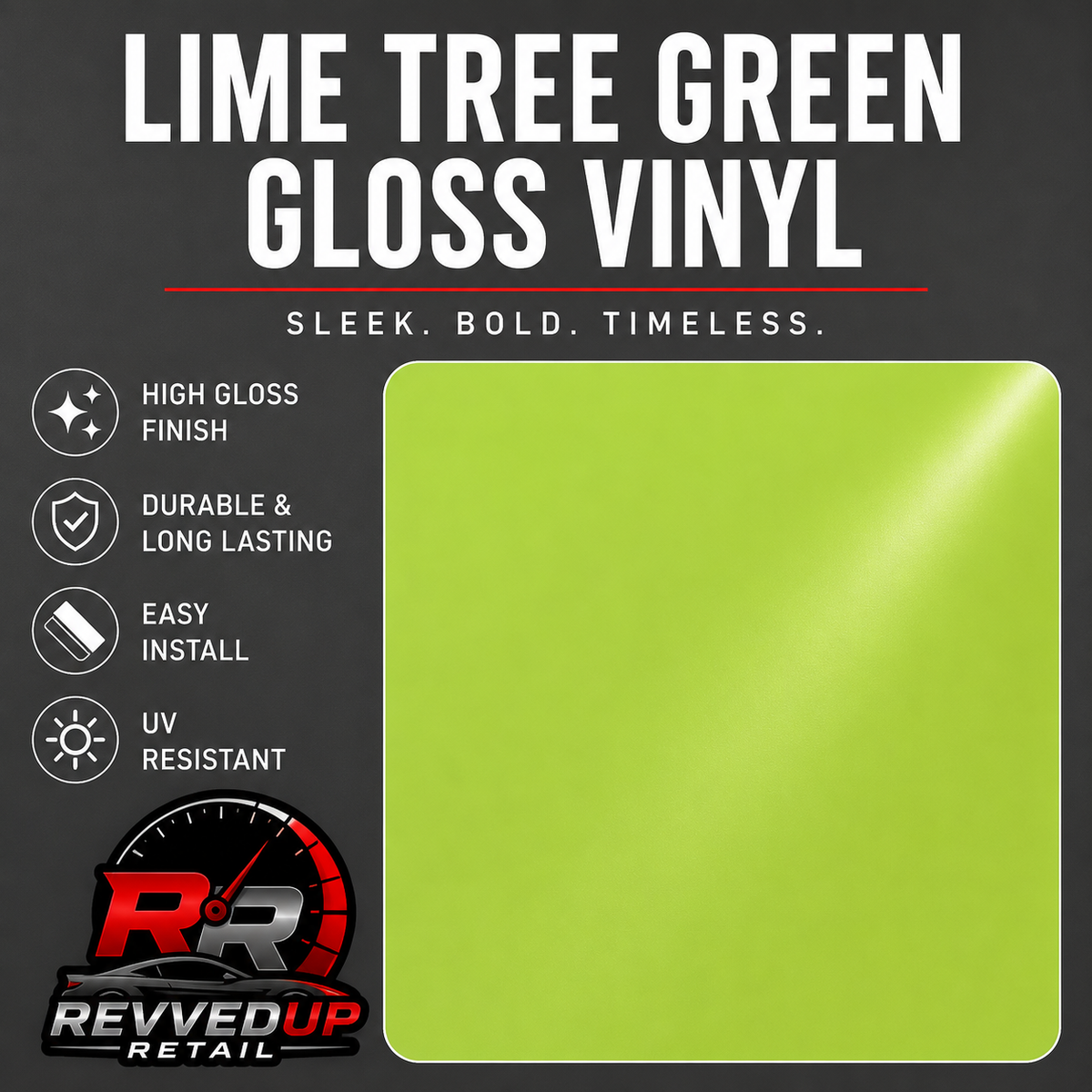 Lime tree green gloss vinyl colour swatch on a dark gray background with product features and Revved Up Retail branding.