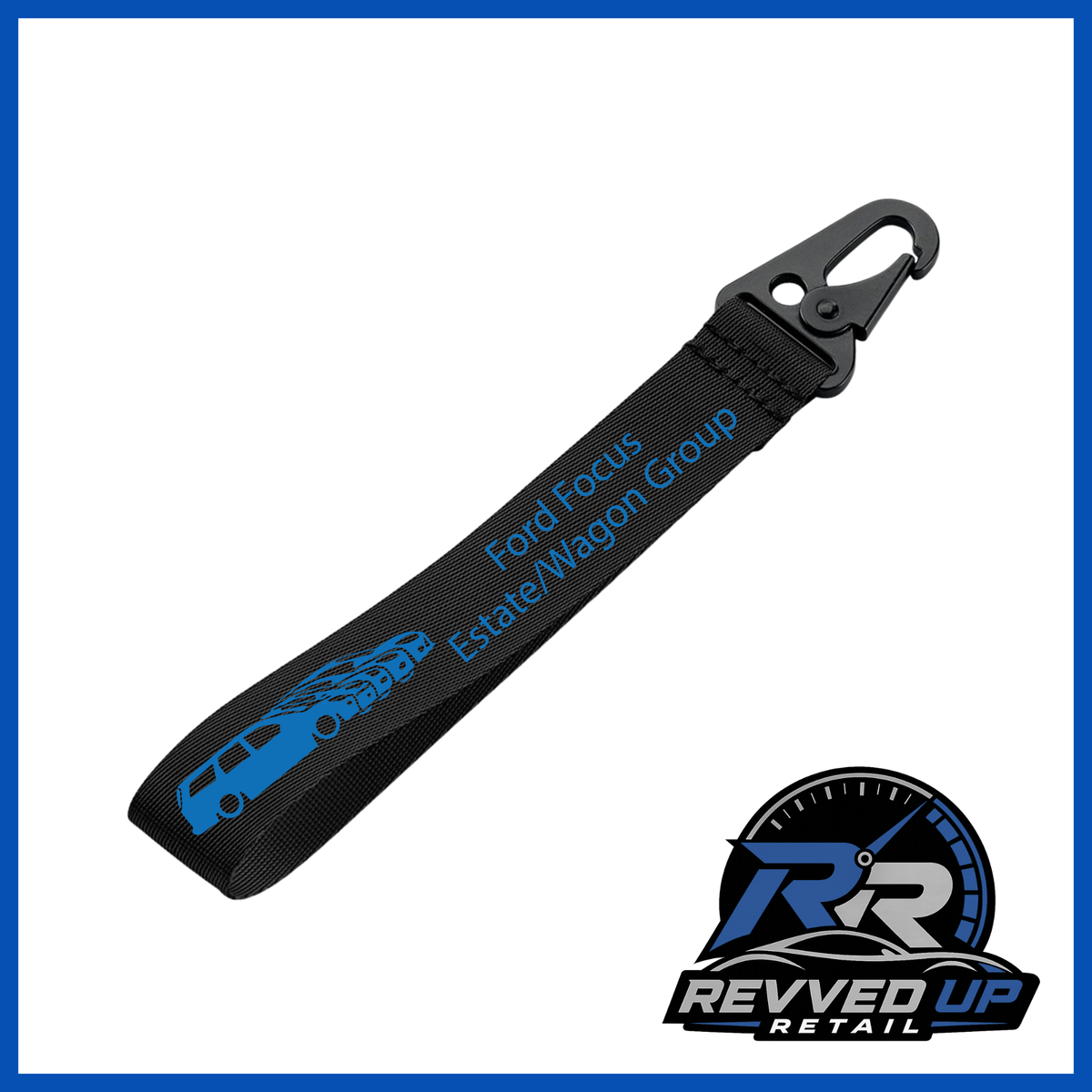 A Ford Focus Estate/Wagon Group brand wristlet strap in black with blue printed logos and a black metal carabiner clip, shown on a white background with a Revved Up Retail watermark.
