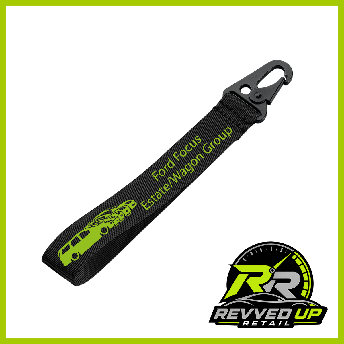 A Ford Focus Estate/Wagon Group brand wristlet strap in black with green printed logos and a black metal carabiner clip, shown on a white background with a Revved Up Retail watermark.