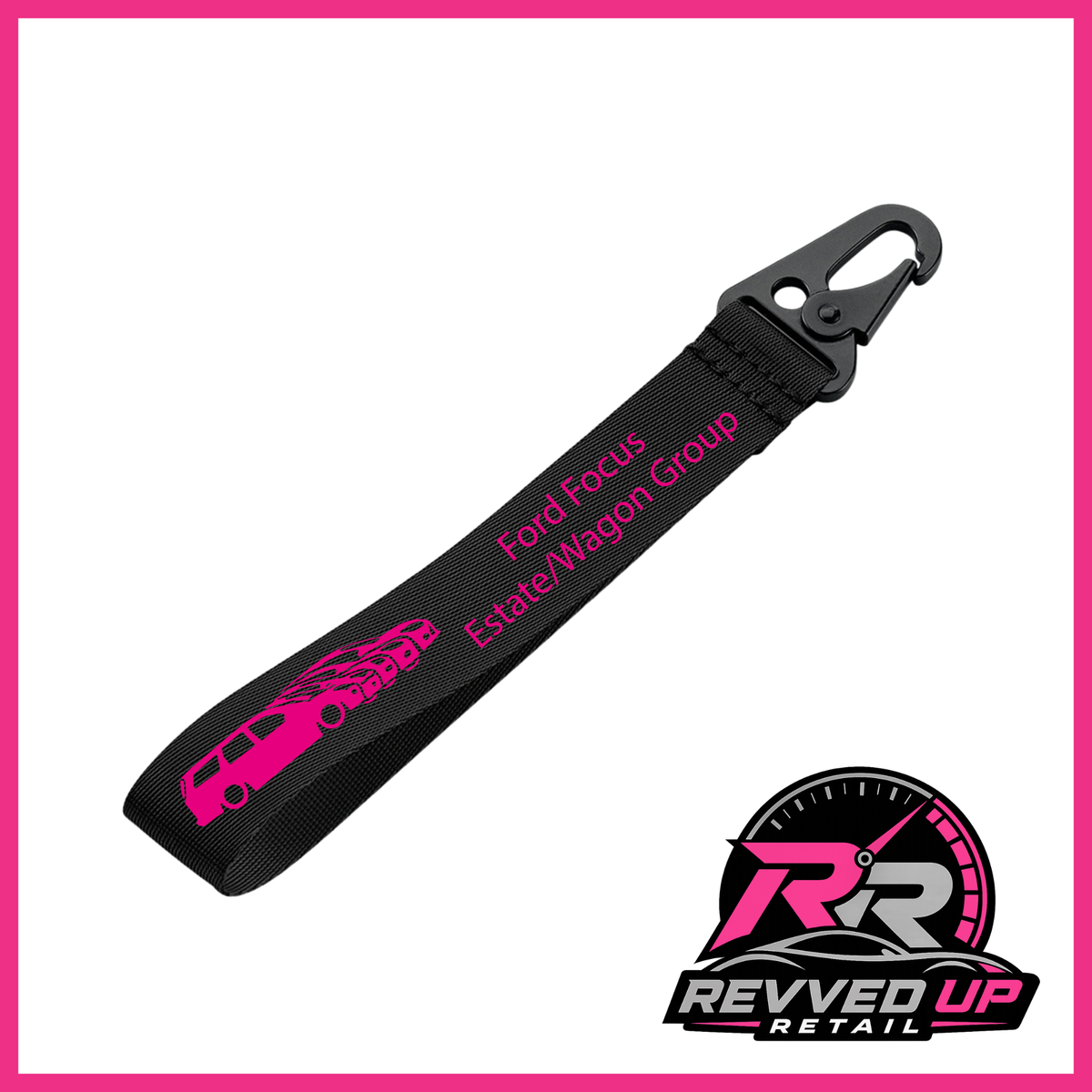A Ford Focus Estate/Wagon Group brand wristlet strap in black with hot pink printed logos and a black metal carabiner clip, shown on a white background with a Revved Up Retail watermark.