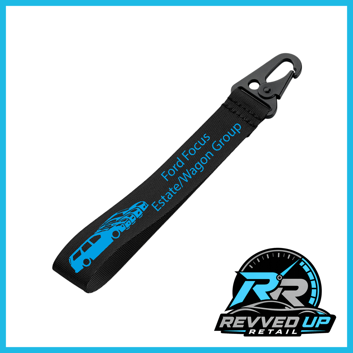 A Ford Focus Estate/Wagon Group brand wristlet strap in black with blue printed logos and a black metal carabiner clip, shown on a white background with a Revved Up Retail watermark.