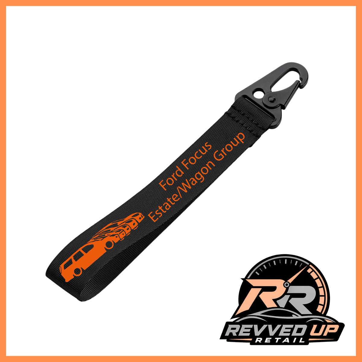A Ford Focus Estate/Wagon Group brand wristlet strap in black with orange printed logos and a black metal carabiner clip, shown on a white background with a Revved Up Retail watermark.