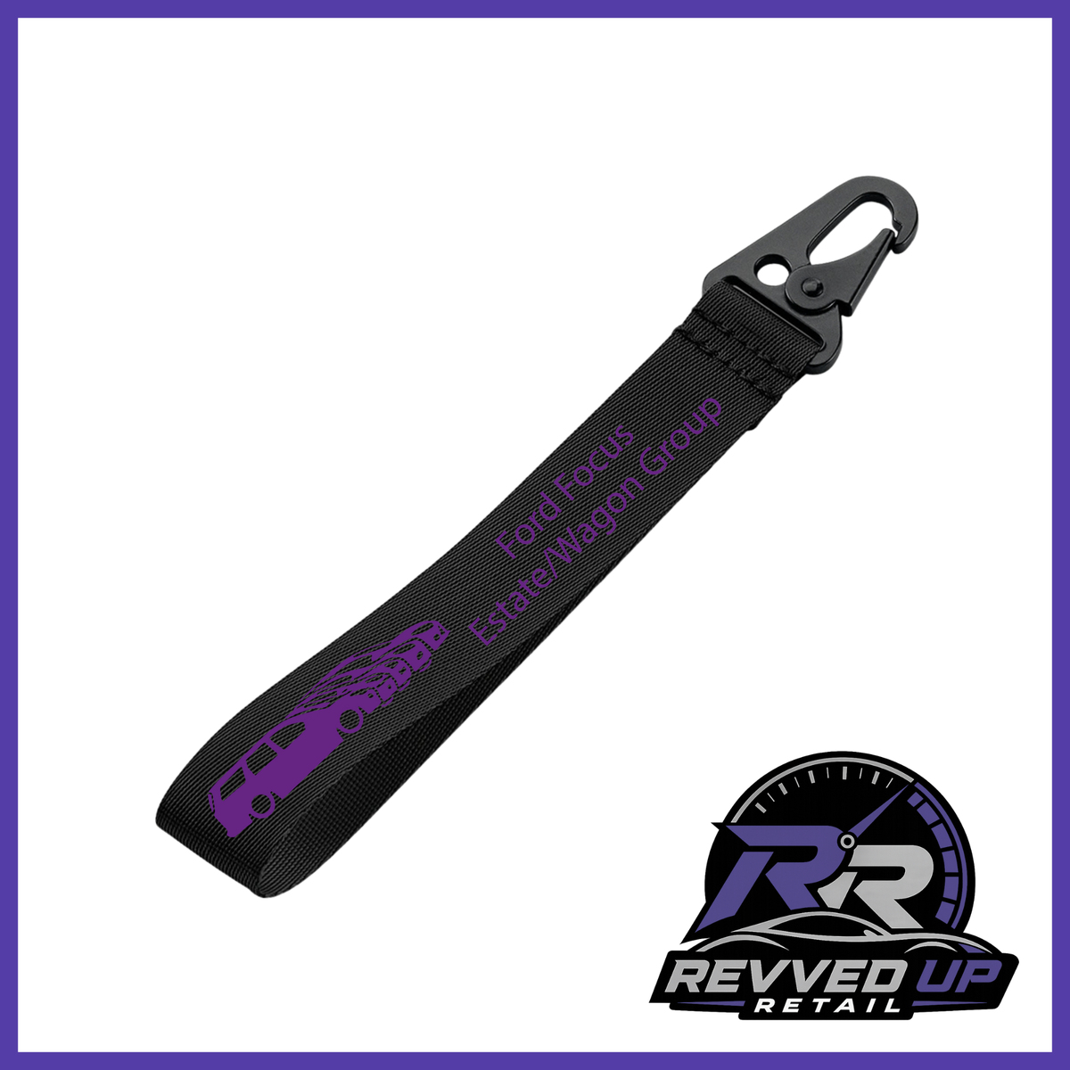 A Ford Focus Estate/Wagon Group brand wristlet strap in black with purple printed logos and a black metal carabiner clip, shown on a white background with a Revved Up Retail watermark.