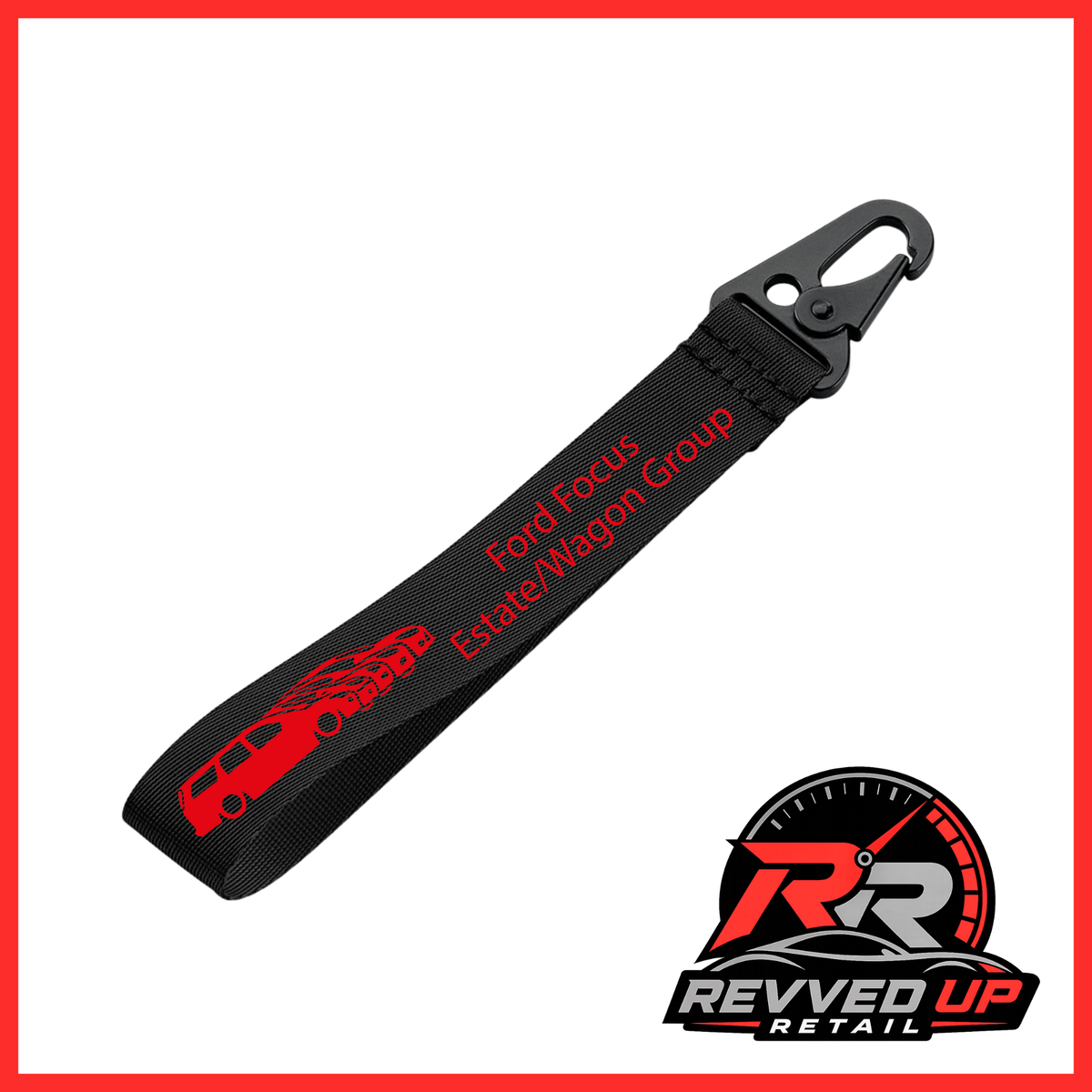A Ford Focus Estate/Wagon Group brand wristlet strap in black with red printed logos and a black metal carabiner clip, shown on a white background with a Revved Up Retail watermark.