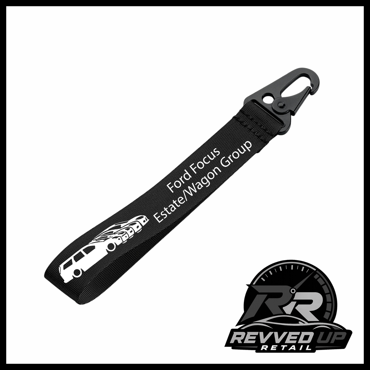A Ford Focus Estate/Wagon Group brand wristlet strap in black with white printed logos and a black metal carabiner clip, shown on a white background with a Revved Up Retail watermark.
