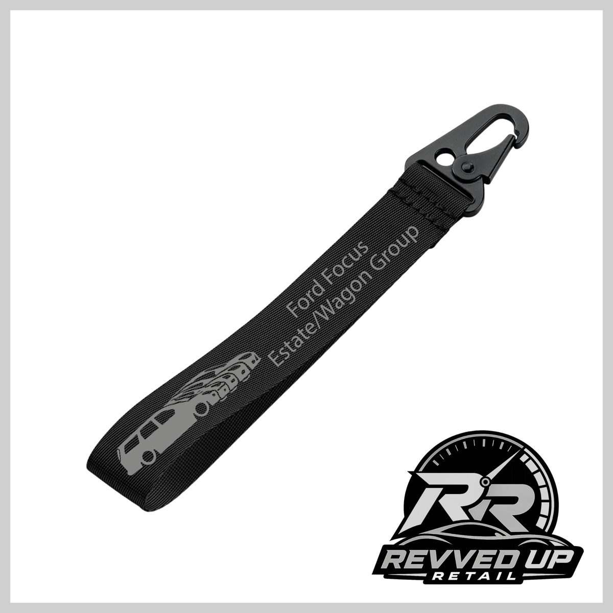 A Ford Focus Estate/Wagon Group brand wristlet strap in black with grey printed logos and a black metal carabiner clip, shown on a white background with a Revved Up Retail watermark.