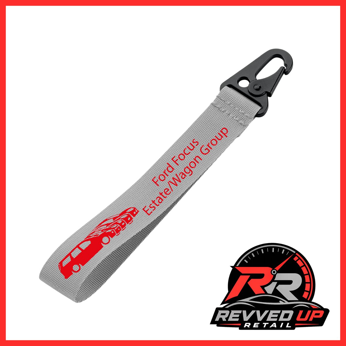 A Ford Focus Estate/Wagon Group brand wristlet strap in grey with red printed logos and a black metal carabiner clip, shown on a white background with a Revved Up Retail watermark.
