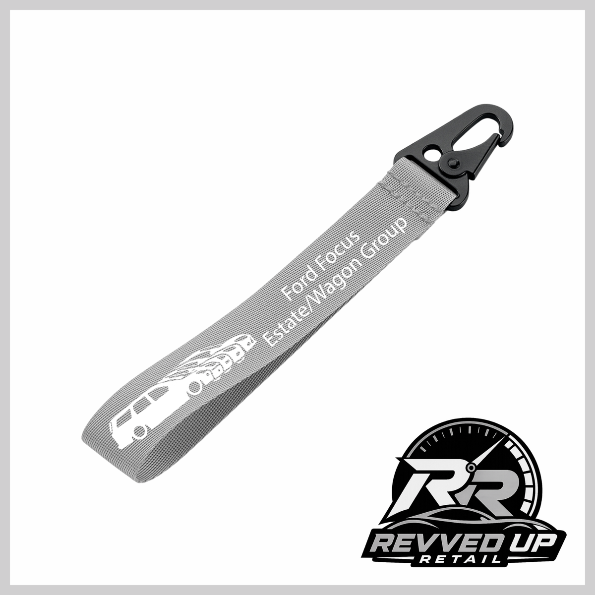 A Ford Focus Estate/Wagon Group brand wristlet strap in grey with white printed logos and a black metal carabiner clip, shown on a white background with a Revved Up Retail watermark.