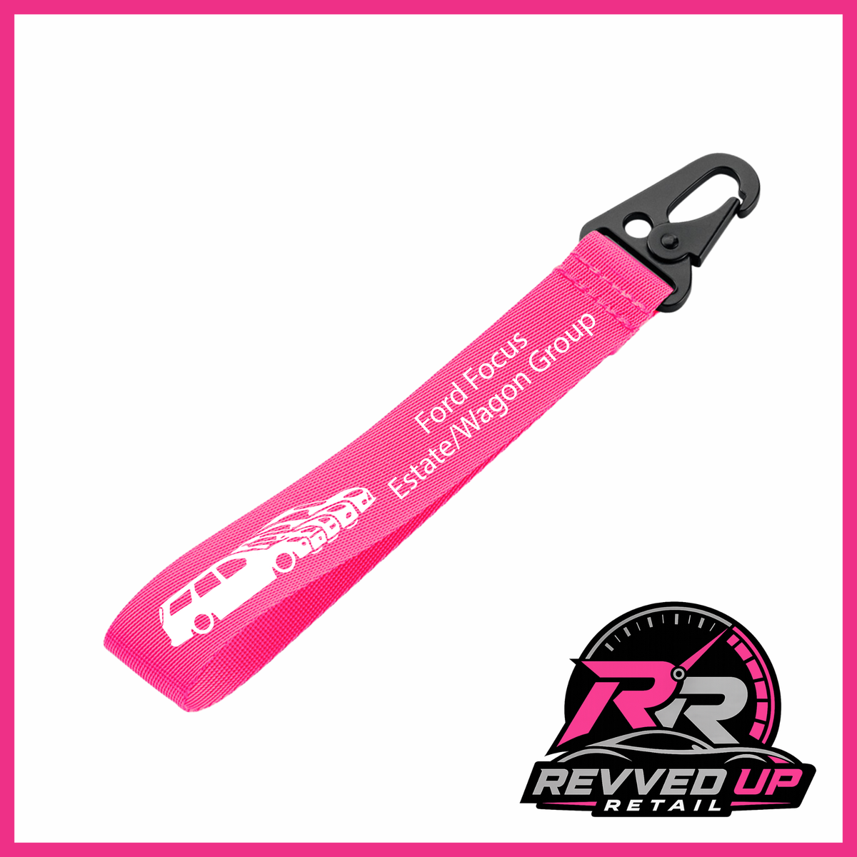 A Ford Focus Estate/Wagon Group brand wristlet strap in fuchsia pink with white printed logos and a black metal carabiner clip, shown on a white background with a Revved Up Retail watermark.