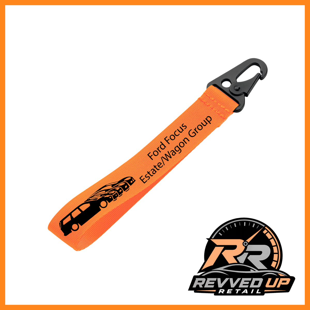 A Ford Focus Estate/Wagon Group brand wristlet strap in orange with black printed logos and a black metal carabiner clip, shown on a white background with a Revved Up Retail watermark.