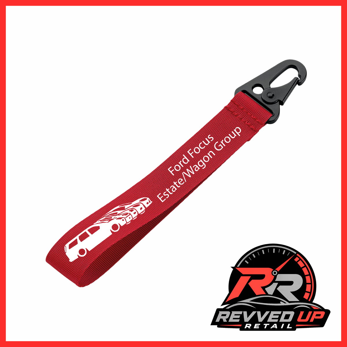 A Ford Focus Estate/Wagon Group brand wristlet strap in red with white printed logos and a black metal carabiner clip, shown on a white background with a Revved Up Retail watermark.