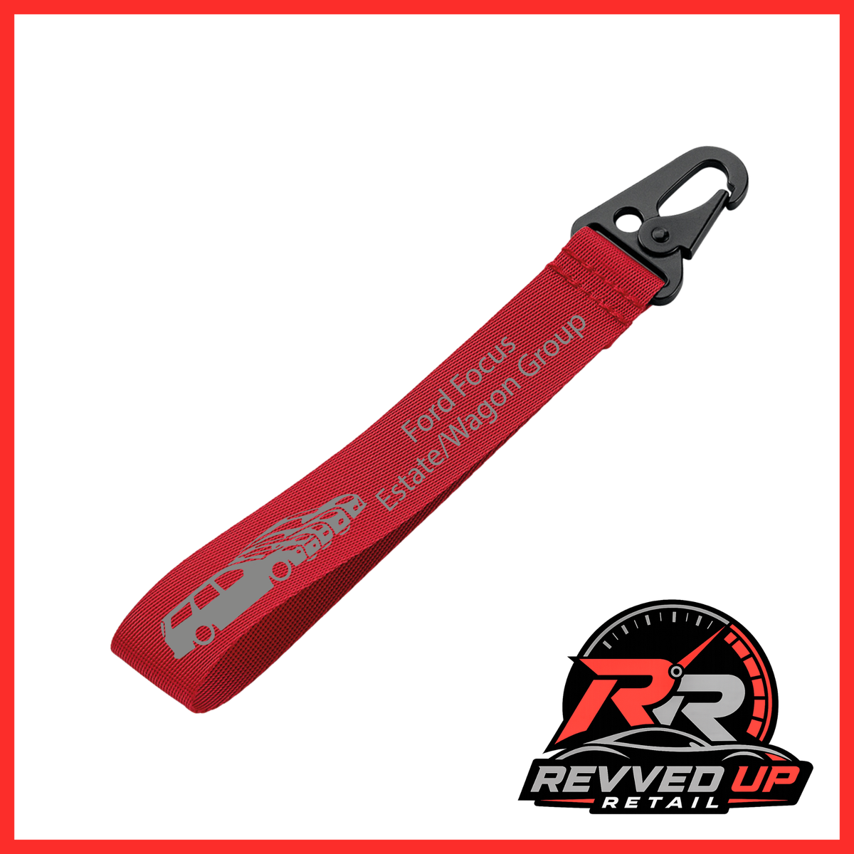 A Ford Focus Estate/Wagon Group brand wristlet strap in red with grey printed logos and a black metal carabiner clip, shown on a white background with a Revved Up Retail watermark.