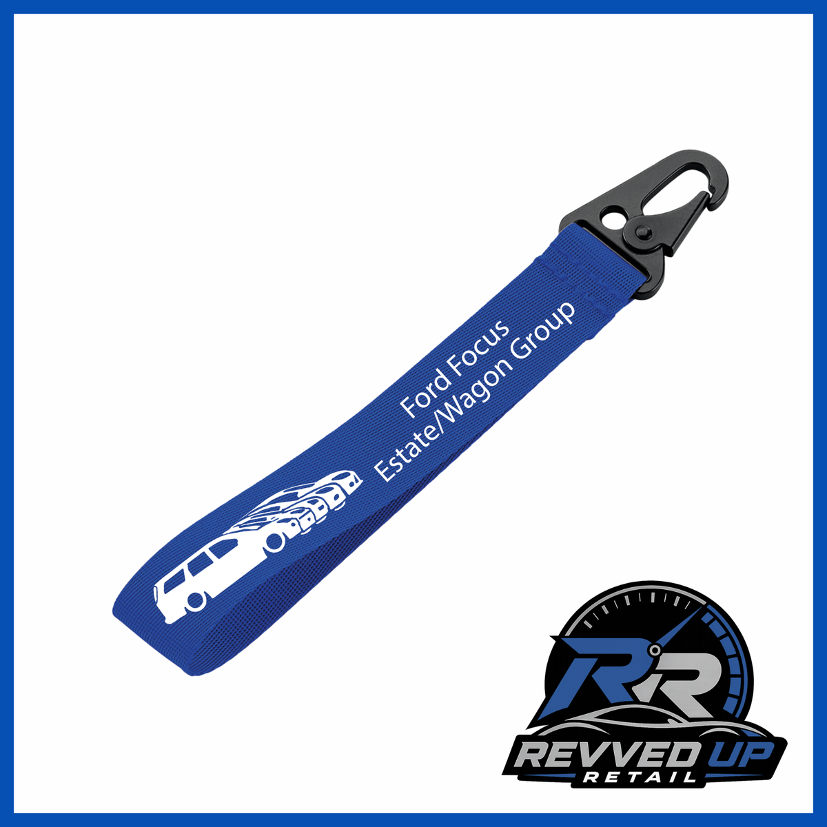 A Ford Focus Estate/Wagon Group brand wristlet strap in royal blue with white printed logos and a black metal carabiner clip, shown on a white background with a Revved Up Retail watermark.