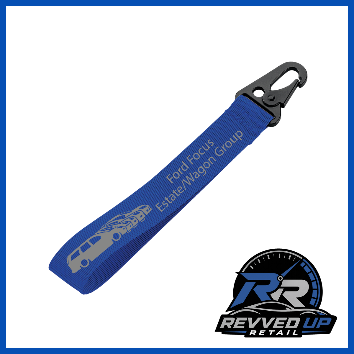 A Ford Focus Estate/Wagon Group brand wristlet strap in royal blue with grey printed logos and a black metal carabiner clip, shown on a white background with a Revved Up Retail watermark.