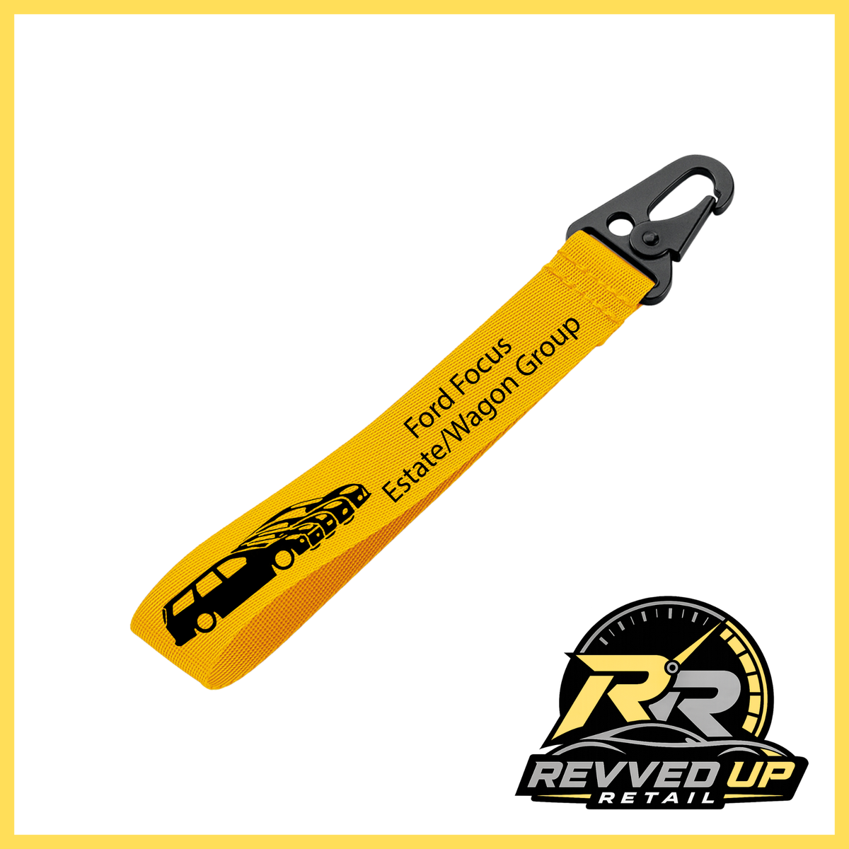 A Ford Focus Estate/Wagon Group brand wristlet strap in yellow with black printed logos and a black metal carabiner clip, shown on a white background with a Revved Up Retail watermark.