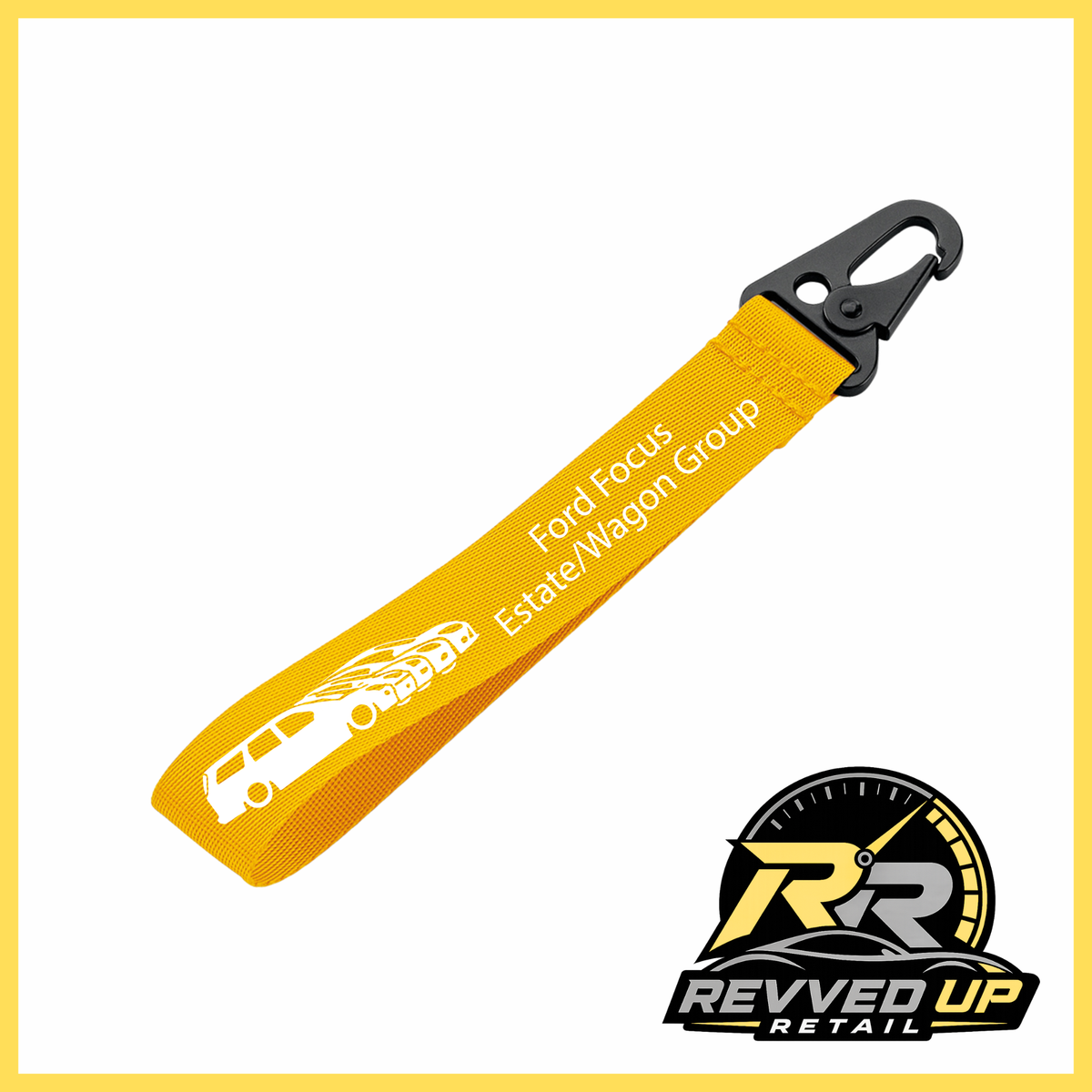 A Ford Focus Estate/Wagon Group brand wristlet strap in yellow with white printed logos and a black metal carabiner clip, shown on a white background with a Revved Up Retail watermark.