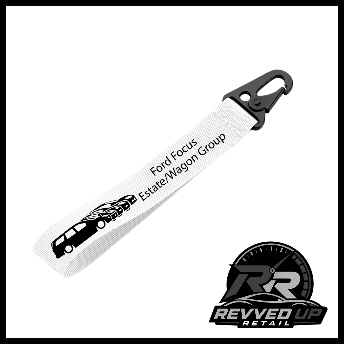A Ford Focus Estate/Wagon Group brand wristlet strap in white with black printed logos and a black metal carabiner clip, shown on a white background with a Revved Up Retail watermark.