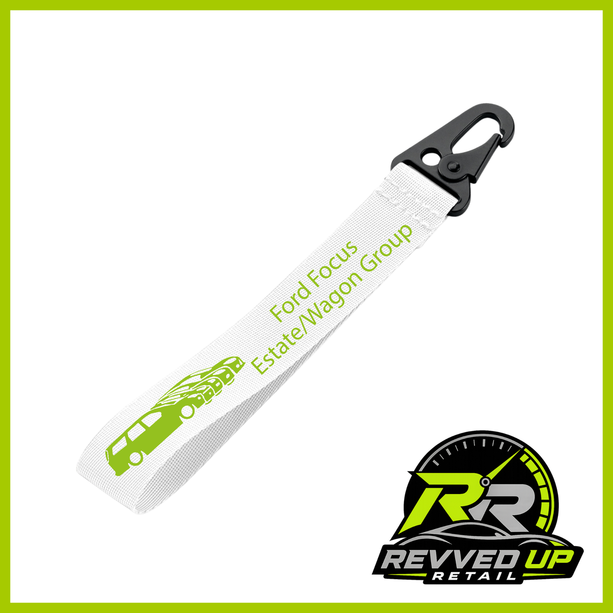 A Ford Focus Estate/Wagon Group brand wristlet strap in white with green printed logos and a black metal carabiner clip, shown on a white background with a Revved Up Retail watermark.
