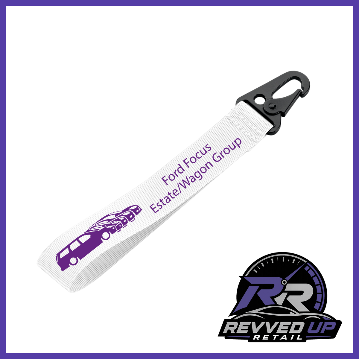 A Ford Focus Estate/Wagon Group brand wristlet strap in white with purple printed logos and a black metal carabiner clip, shown on a white background with a Revved Up Retail watermark.