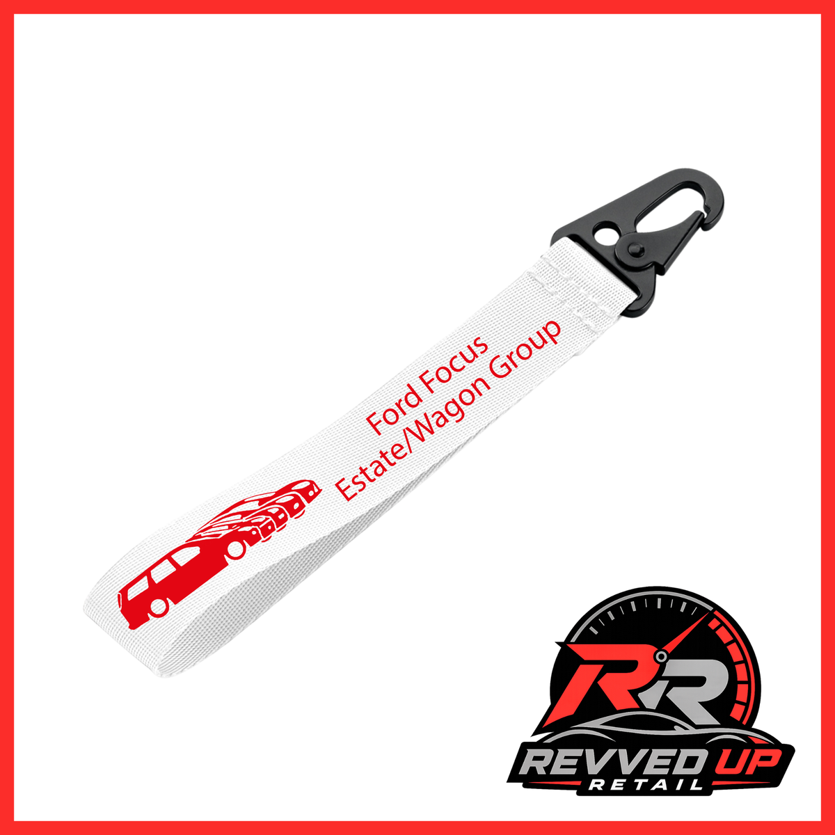 A Ford Focus Estate/Wagon Group brand wristlet strap in white with red printed logos and a black metal carabiner clip, shown on a white background with a Revved Up Retail watermark.