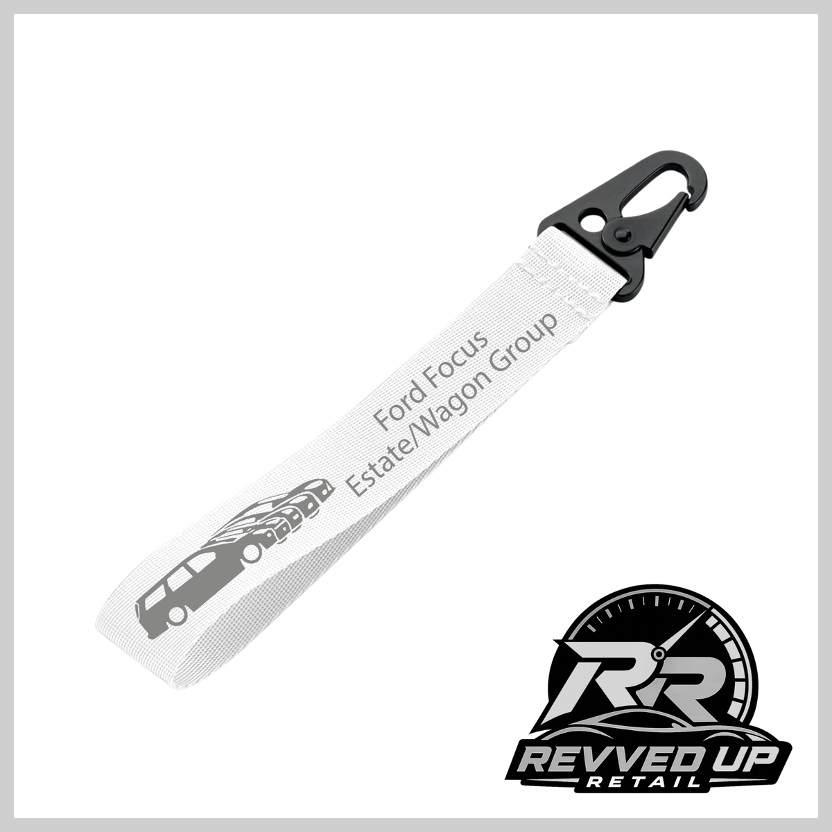A Ford Focus Estate/Wagon Group brand wristlet strap in white with grey printed logos and a black metal carabiner clip, shown on a white background with a Revved Up Retail watermark.